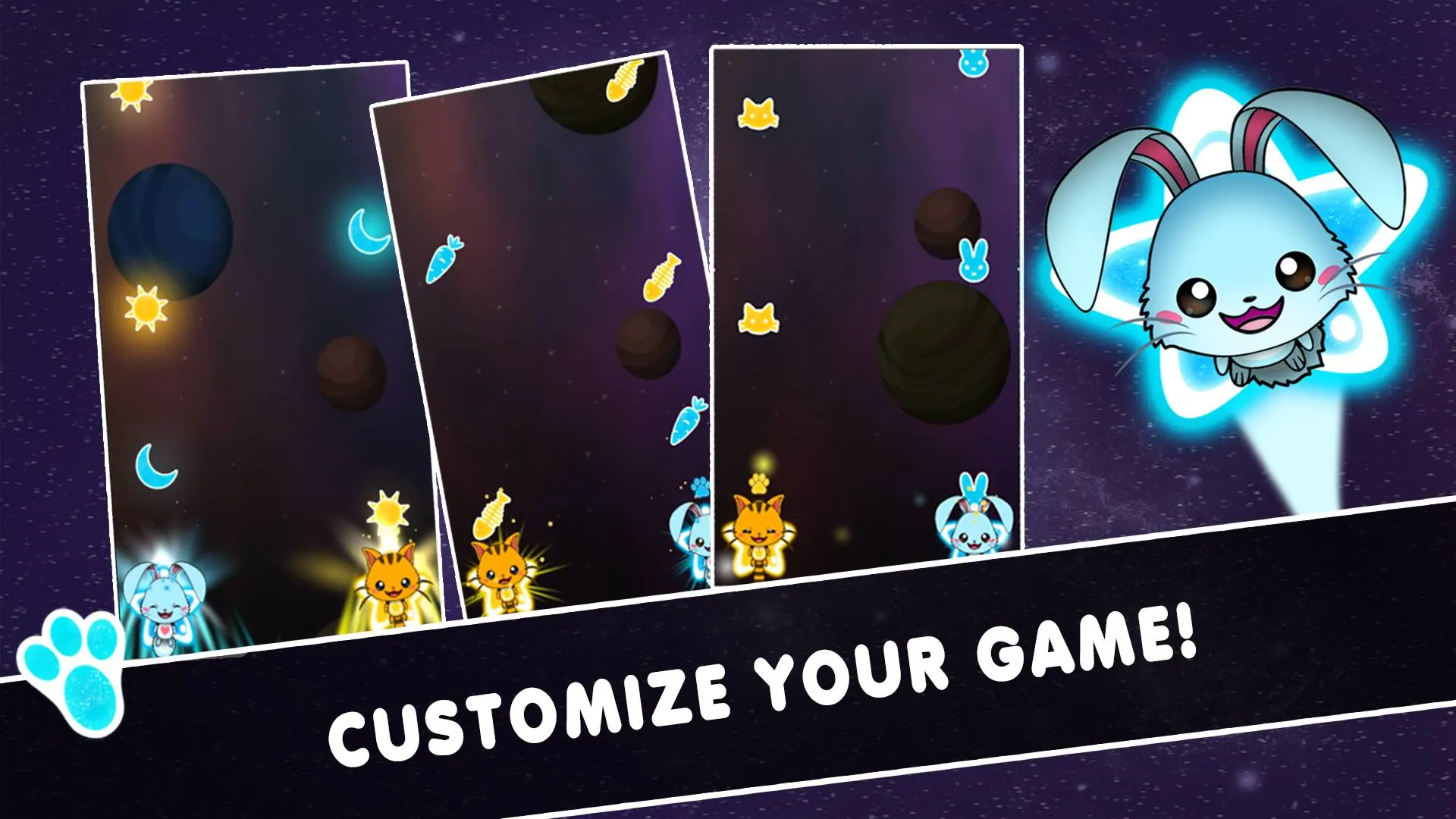 SWAP promo: three gameplay screens with falling icons, a cat and a bunny character, and the line Customize your game